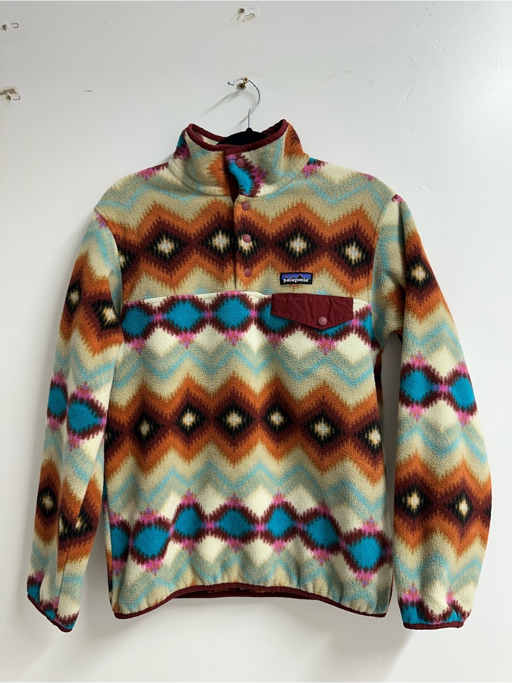 Patagonia Multicolor Aztec Fleece Pullover - Turquoise, Rust, Cream, Magenta